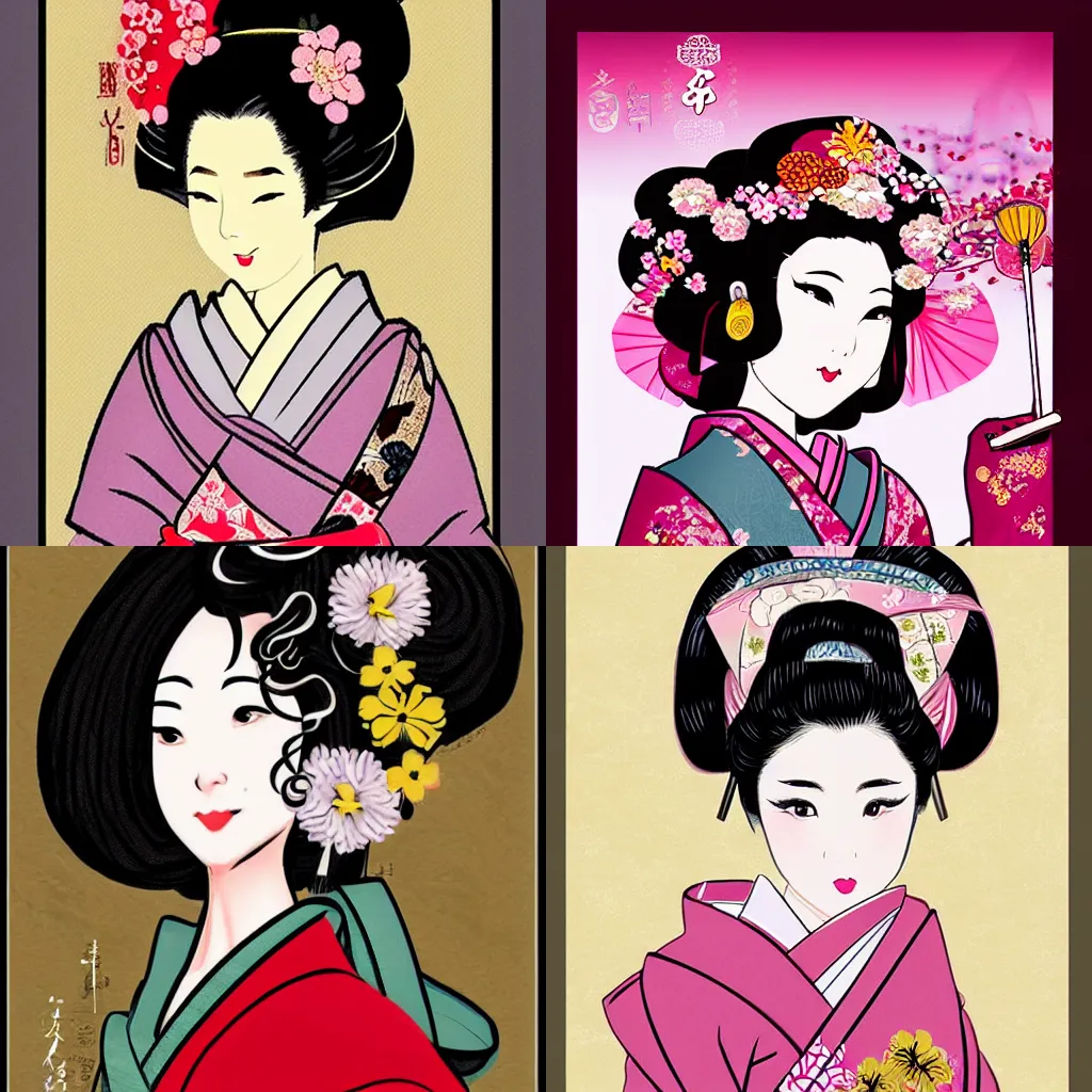 Prompt: a beautiful geisha in the style of vintage shoujo