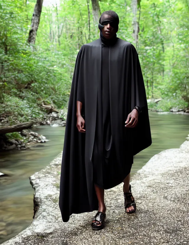 Image similar to longshot modern intricate textile ancient roman toga cloak nature black skin man walking along small creek river in the woods marc jacobs gucci pearl beads eggshell