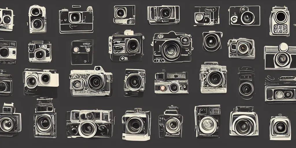 Image similar to full color page scan of various vintage cameras illustrations on black background, in matte painting, 2 d, kitbash, 4 k