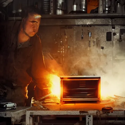 Image similar to cyborg toaster oven repairman, dark messy smoke - filled cluttered workshop, dark, dramatic lighting, orange tint, sparks, cinematic, highly detailed, sci - fi, futuristic, movie still