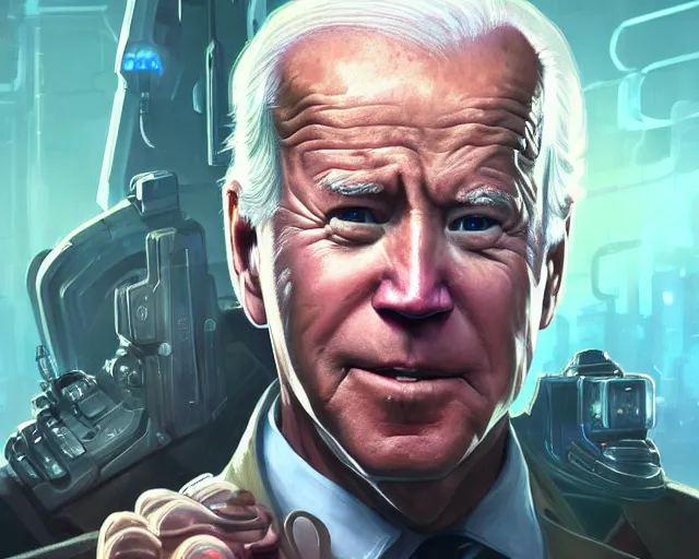 Image similar to oldman joe biden with cyberpunk implants, deep focus, d & d, fantasy, intricate, elegant, highly detailed, digital painting, artstation, concept art, matte, sharp focus, illustration, hearthstone, art by artgerm and greg rutkowski and alphonse mucha