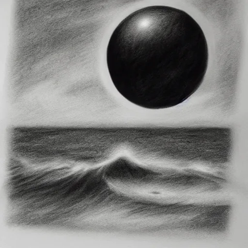Image similar to a realistic charcoal drawing of a black orb floating over the ocean in the style of Marco Tirelli