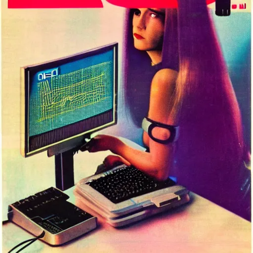 Prompt: cable plugged in, back of head, cyberpunk woman, computer, 1 9 7 9 omni magazine cover