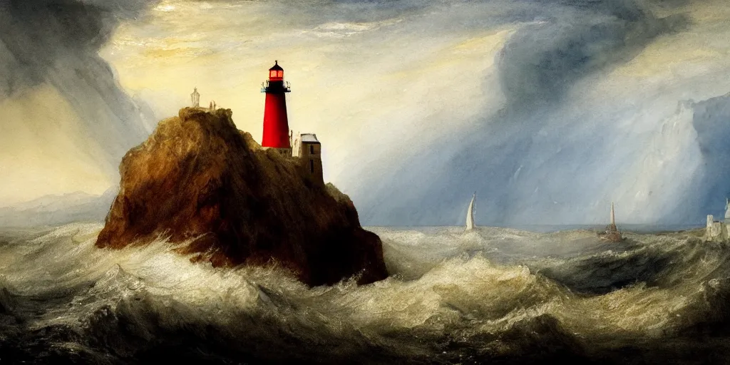 Image similar to a watercolor painting of a single lighthouse in a small rocky island during a violent storm by william turner, high quality, highly detailed, digital painting, masterpiece, turbulent sea, dramatic lighting, cinematic, centered, watercolor, william turner style, 4 k