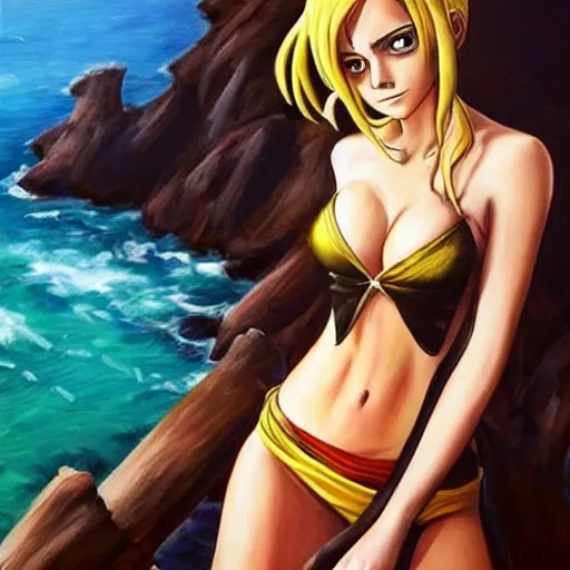 Image similar to beautiful emma watson cosplay as nami from one piece, oil painting, full body.