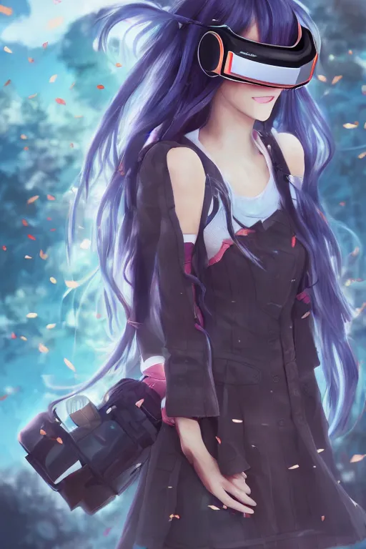 Image similar to anime girl with curly long hair wearing vr goggles and school uniform, aesthetic, wlop, digital painting, trending on artstation, highly detailed, epic composition, official media, 8 k uhd