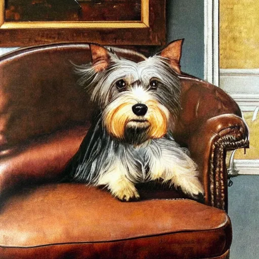 Image similar to an old happy brown and gray Yorkshire terrier dog lounging in a leather chair, long hair, extremely detailed masterpiece, oil on canvas, by Norman Rockwell,