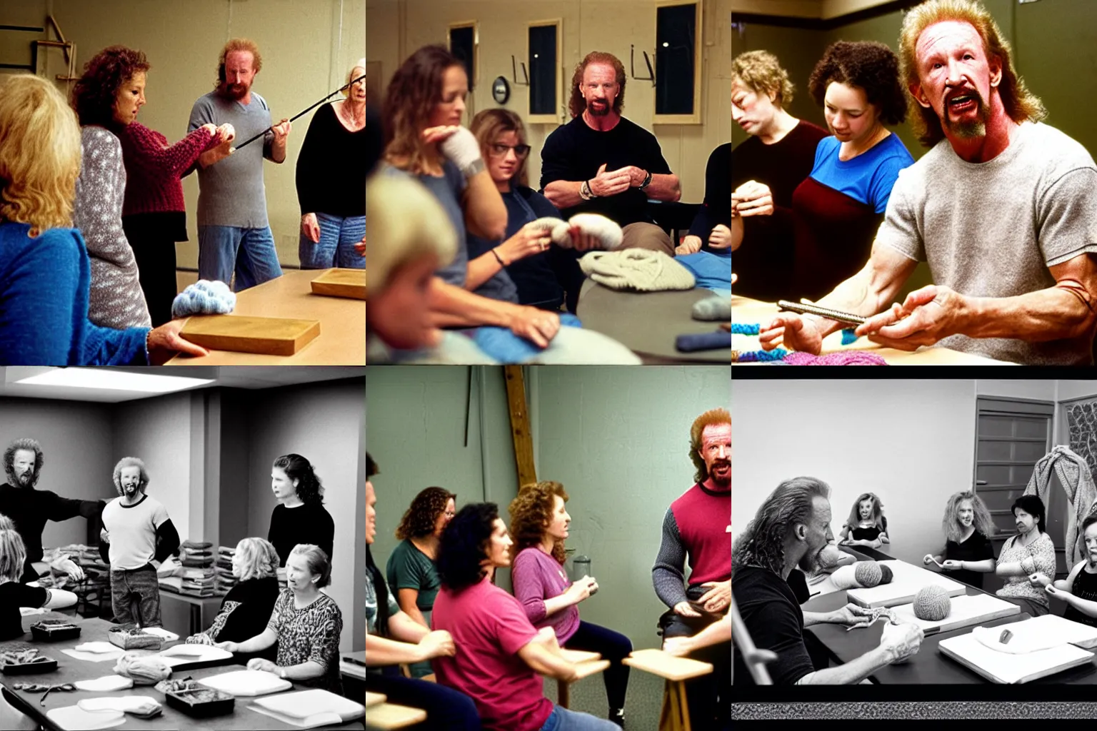 Prompt: Diamond Dallas Page teaching a knitting class. Candid photography by Annie Leibovitz