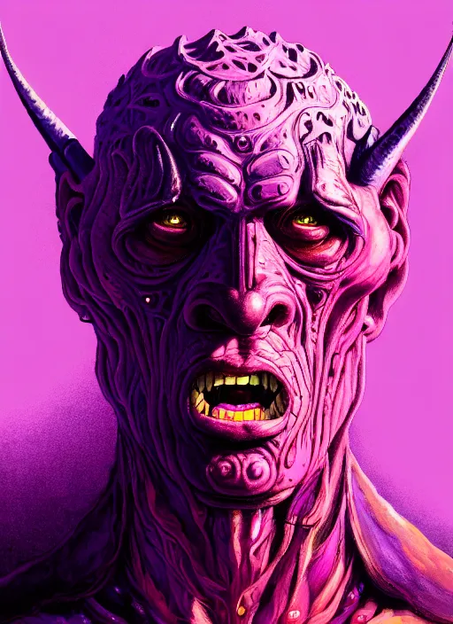 Image similar to close up portrait of a gay monster in the mountains of hell, pink light, purple gay colors, oil painting by tomasz jedruszek, cinematic lighting, pen and ink, intricate line, hd, 4 k, million of likes, trending on artstation