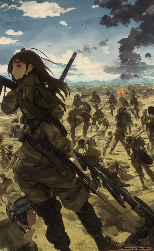 Image similar to anime style, modern warfare, panoramic view of 1 girl under artillery fire, trench and sandbags in background, soldier clothing, long hair, hair down, symmetrical facial features, from arknights, wallpaper, trending pixiv, safebooru, volumetric lighting, by alphonse mucha, greg rutkowski, sharp focus, backlit