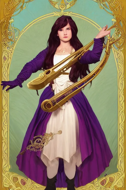 Prompt: Full body Portrait of a beautiful young bard lady, playing an onrnamental Golden lyre, light borwn hair, White skin, dark Blue eyes, purple and pink leather garments, leather boots, fingerless gloves, extremely detailed face, high fantasy, magic music, dungeons and dragons, blizzard entertainment, industrial light and magic, pixar, mucha, trending on Artstation, artstationHD, artstationHQ, octane, cgsociety, HD, 16K