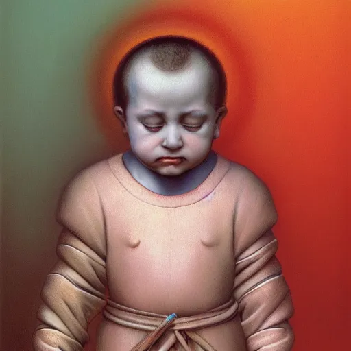 Image similar to portrait of a holy catholic baby saint, trending on art station, 4k UHD, 8k, painting illustration, high detail by zdzisław beksiński