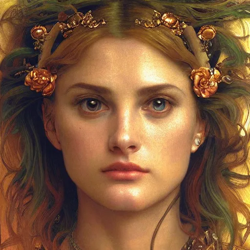 Image similar to closeup portrait of a beautiful alluring female goddess, detailed, centered, digital painting, artstation, concept art, donato giancola, Dante Gabriel Rossetti, alphonse mucha, Joseph Christian Leyendecker, WLOP, Boris Vallejo, Breathtaking, 8k resolution, extremely detailed, beautiful, establishing shot, artistic, hyperrealistic, beautiful face, octane render