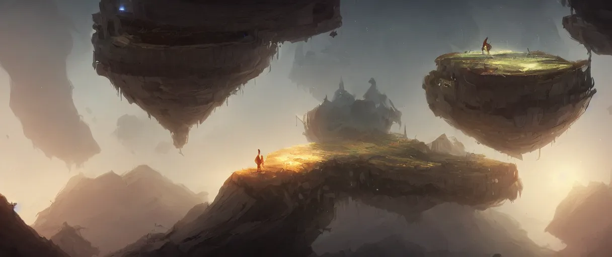 Image similar to floating islands in void concept art, low angle, cinematic, style of Jordan grimmer