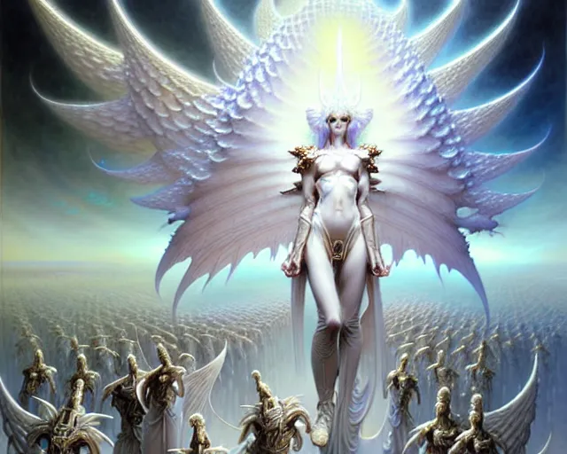 Image similar to the army of white light and angels, fantasy character portrait made of fractals facing each other, ultra realistic, wide angle, intricate details, the fifth element artifacts, highly detailed by peter mohrbacher, hajime sorayama, wayne barlowe, boris vallejo, aaron horkey, gaston bussiere, craig mullins