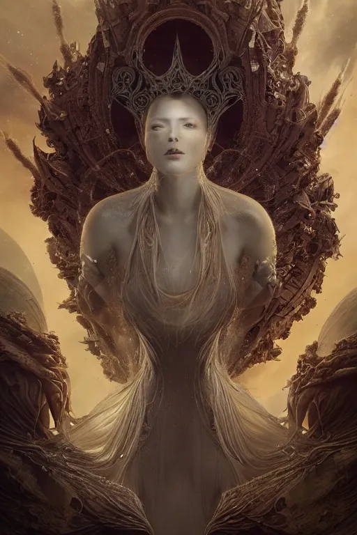 Prompt: beautiful detailed cgi matte painting female space empress of the andromeda, by ellen jewett, alessio albi | symmetrical features, ominous, alluring, vivacious, realism, intricate, ornate, royally decorated, organic, growth, whirling nebulas, glowing particles, refractive adornments, colorful torn nebulas, radiant colors