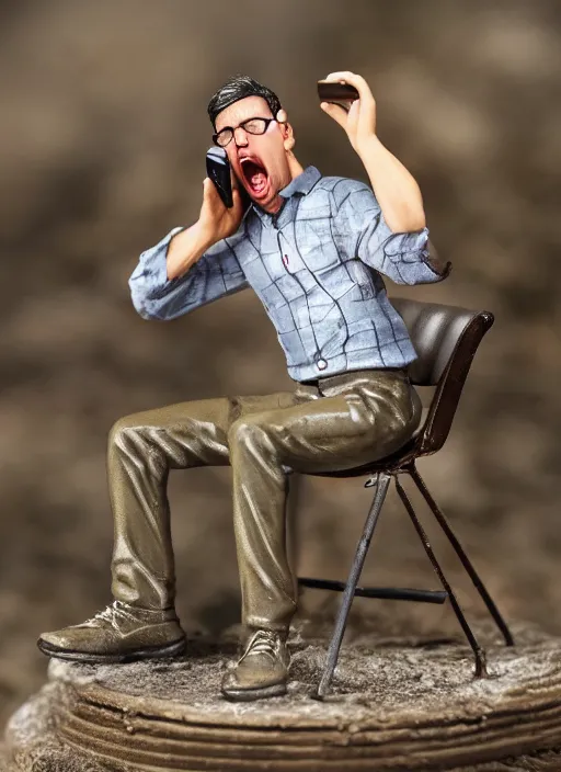 Image similar to 80mm resin detailed miniature of man screaming at his phone, Product Introduction Photos, 4K, Full body,