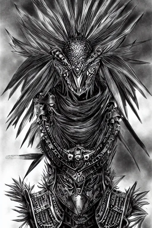 Image similar to armoured raven humanoid monster, crows feet, symmetrical, highly detailed, digital art, black feather armour, sharp focus, trending on art station, kentaro miura manga art style