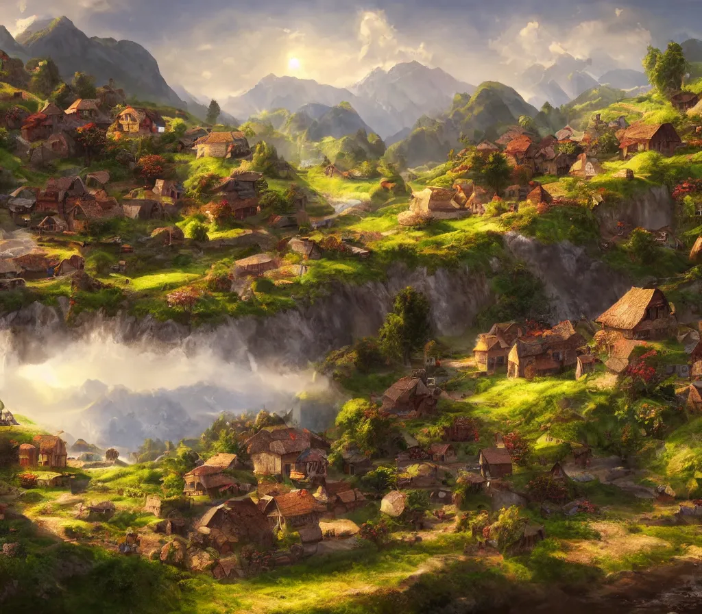 Prompt: Idyllic Svanetian village in Georgia, realistic fantasy matte painting, 4k, league of legends splash screen art