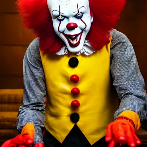 Prompt: Pennywise the clown wearing a suit and holding a banknote in his hands, full body shot
