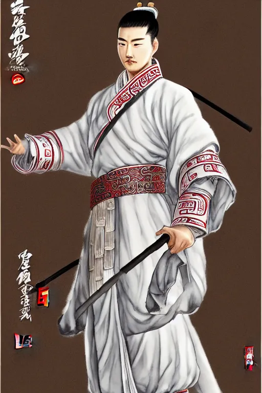 Prompt: a highly detailed epic character design of ancient chinese hansome young emperor, crown wearing white imperial robe strong, full body, background is ancient chinese architecture ， clouds, by chen uen, yoji shinkawa 8 k