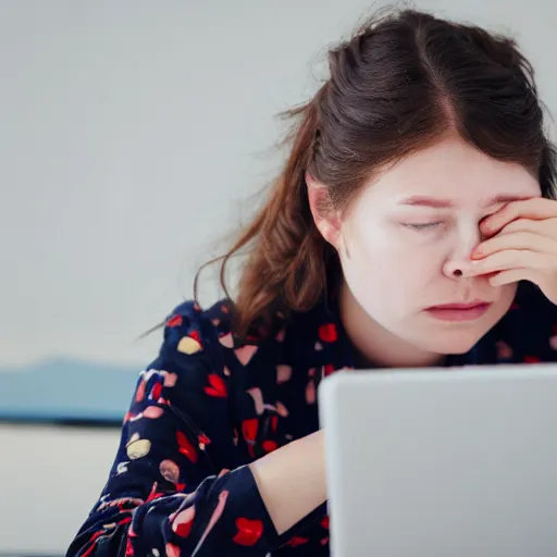 Prompt: finnish girl in pyjamas working on computer, tired bags around eyes, photograph 8 k flikr