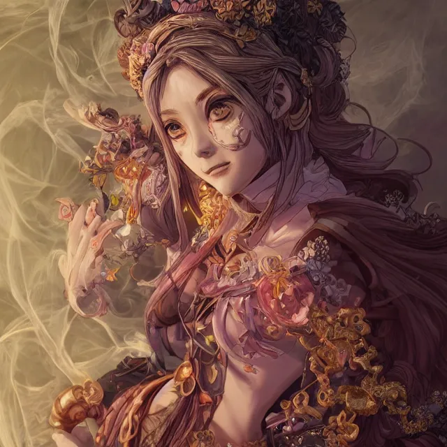 Image similar to the portrait of chaotic good female druid alchemist as absurdly beautiful, gorgeous, elegant, young anime girl, an ultrafine hyperdetailed illustration by kim jung gi, irakli nadar, intricate linework, sharp focus, bright colors, octopath traveler, final fantasy, unreal engine 5 highly rendered, global illumination, radiant light, detailed and intricate environment