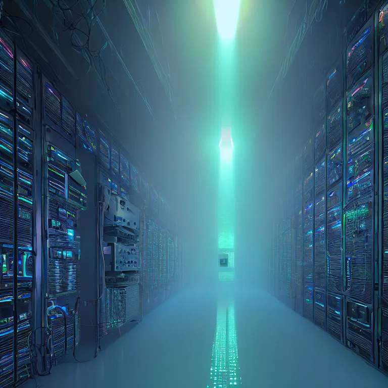 Image similar to an immaculate volumetric path tracing lighting render of a large rack of beautiful iridescent device at che center of a in a vast modern datacenter, fog, god rays, and nixie tubes by Zdzisław Beksiński and beeple, beautiful modern colors, ultradetailed, 4k ultra