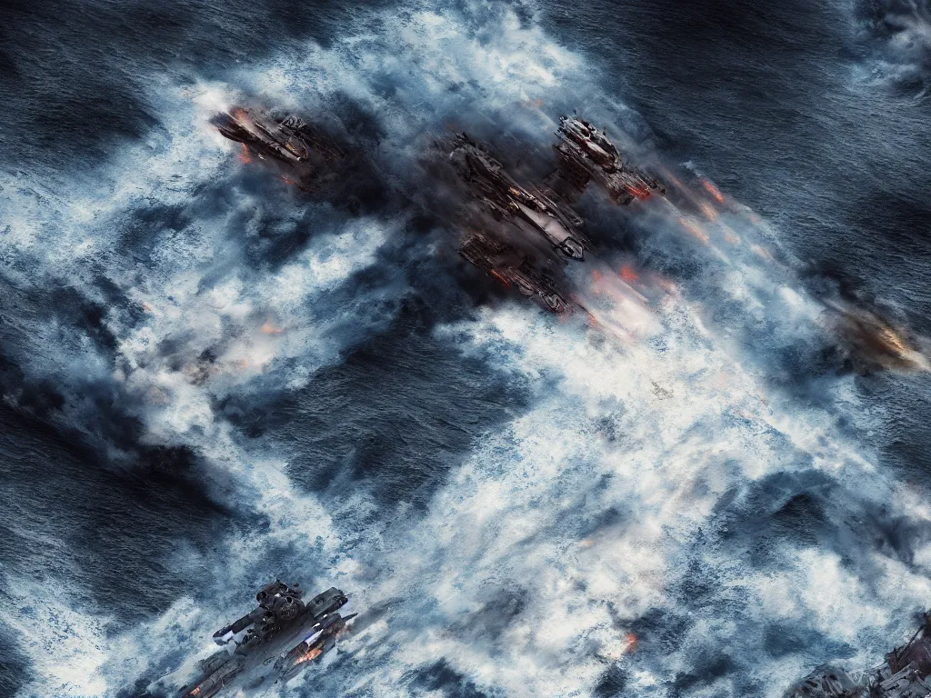 Image similar to breaking apart crashing damaged and on fire mecha battleship sailing alone on a stormy sea at sunset,large waves, explosions, battletech, octane render , aerial photo, cinematic