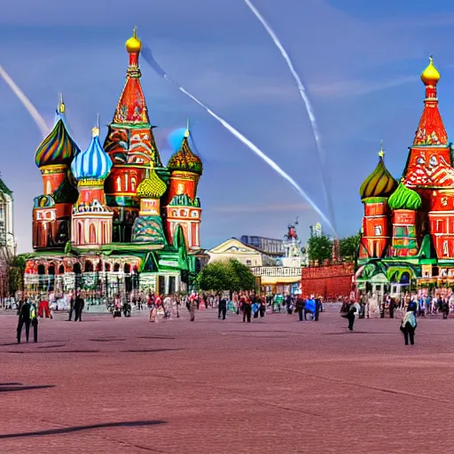 Prompt: high quality photo of fire on Red Square in Moscow, highly detailed, 8k, professional