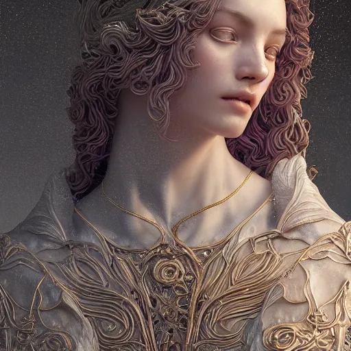 Prompt: Ultra detailed 3d render Macro of a marble statue, beautiful woman face, long hair, symmetrical composition, intricate thin details in gold, By James Jean and Tom Bagshaw and Victo Ngai and Craig Mullins, fantasy flowers and leaves, octane render, 8k, high quality, volumetric lighting, color grading