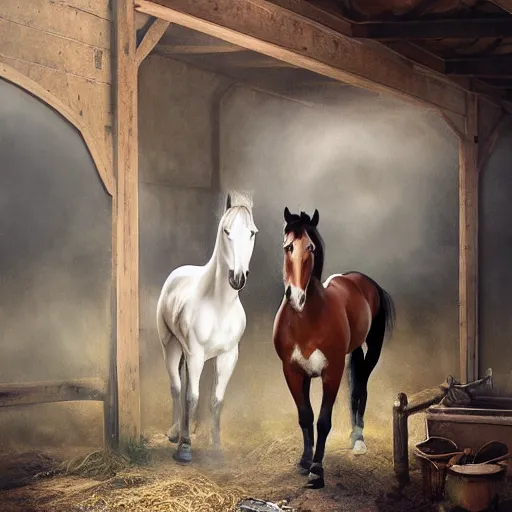 Image similar to a stunning ultra realistic painting of horses diffused into one another inside a stable by tom bagshaw, 24mm lens, 4k