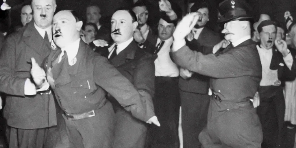 Prompt: adolph hitler dancing at the disco party. high quality 8 k resolution