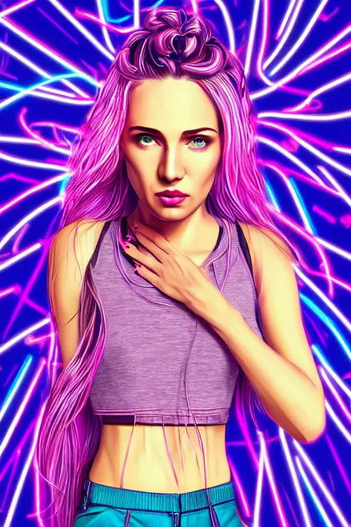 Image similar to a award winning half body portrait of a beautiful woman with stunning eyes in a croptop and cargo pants with ombre purple pink teal hairstyle and hands in pockets by thomas danthony, surrounded by whirling illuminated lines, outrun, vaporware, shaded flat illustration, digital art, trending on artstation, highly detailed, fine detail, intricate