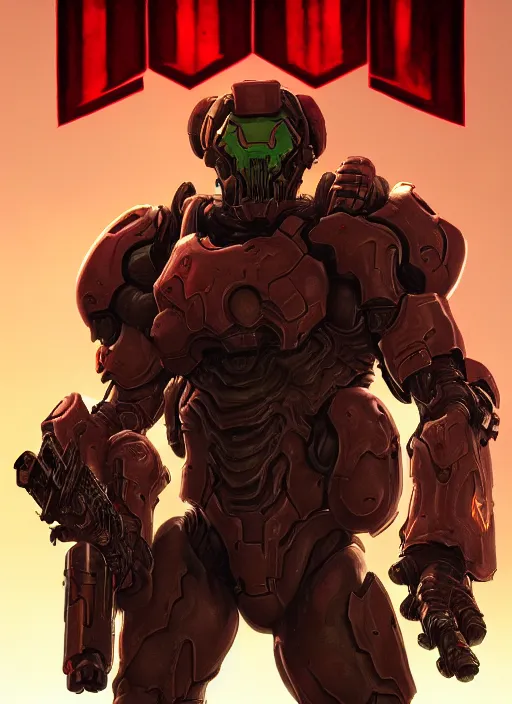 Image similar to ( doom ) cover featuring doom slayer!! by kenneth scott, artstation, vivid gaze