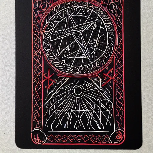 Image similar to tarot card on black paper of intricate red illustration of runes