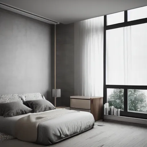 Image similar to symmetry, parallax mapping of brutalist bedroom, minimalist architecture, minimalist furniture, octane render, high quality