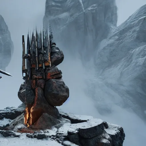 Prompt: the god of the forge, resides in the mountains, in solitude, waiting, for his rematch, vs his eternal rival, epic confrontation, breathtaking, cinematic, dramatic, octane, arnold, physically based render, 8 k, uhd, unreal engine 5, award - winning movie