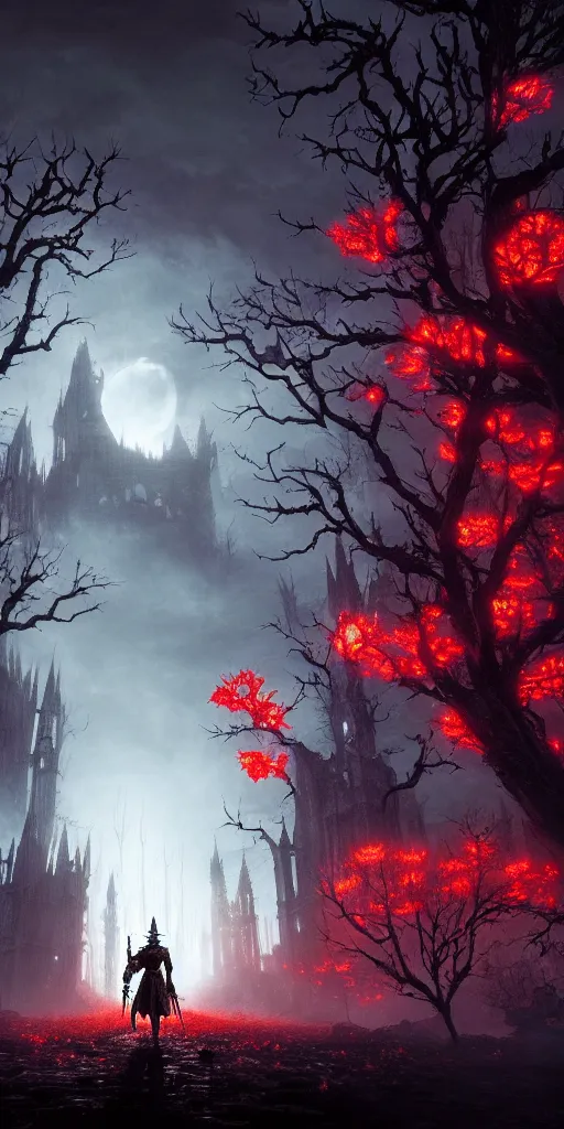 Image similar to populated bloodborne old valley with a dark person at the centre and a ruined gothic city in the background, trees and stars in the background, falling red petals, epic red - orange moonlight, perfect lightning, wallpaper illustration by niko delort and kentaro miura, 4 k, ultra realistic