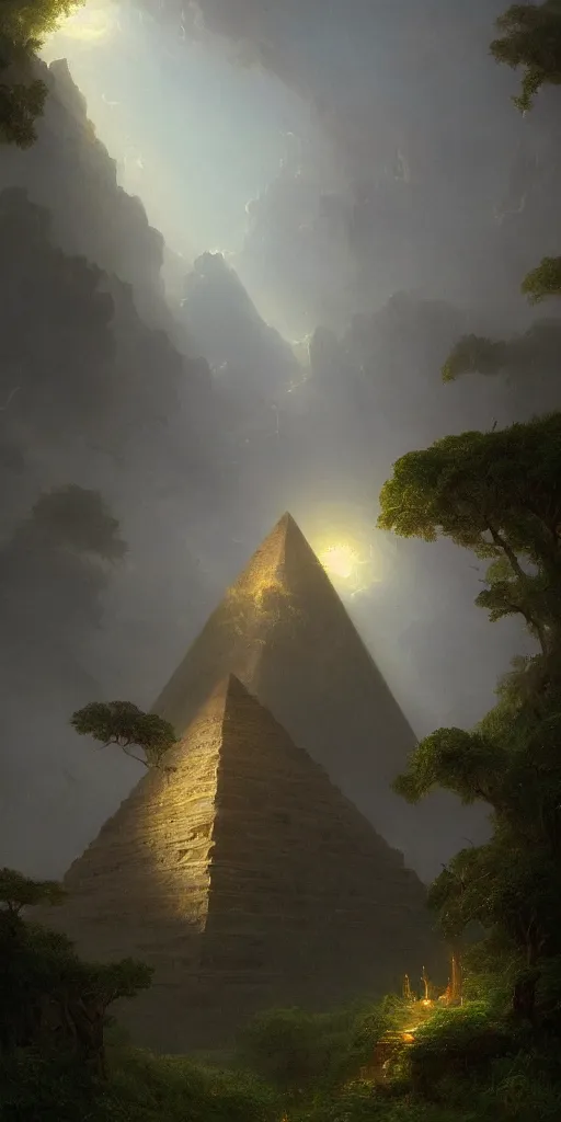 Image similar to ancient pyramid, overgrown undergrowth vegitation, dark volumentric ambient lighting, painting by thomas cole and greg rutkowski