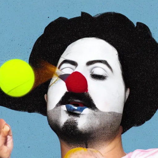 Image similar to homey d. clown hitting the man on the head with a sock full of tennis balls, 4k, hyperrealistic, cinematic