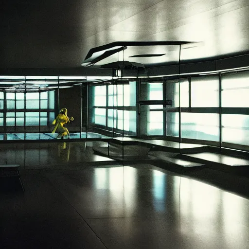 Image similar to a large futuristic dojo, shot by roger deakins, night time, dim cinematic lighting, low ceiling, david fincher movie