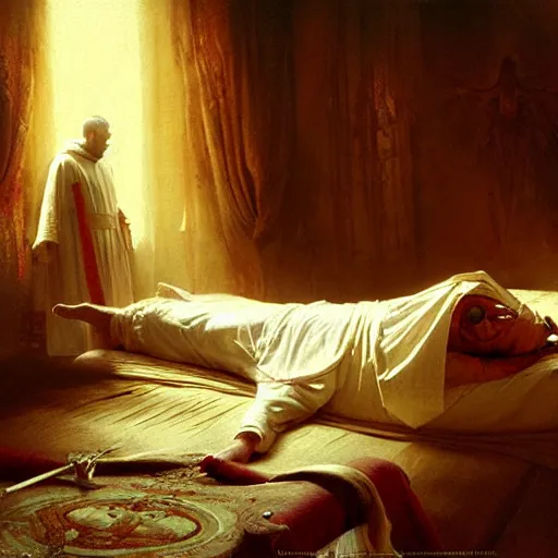 Image similar to the pope laying down in his bed, terrified, because a double horned shadow demon is in the the bedroom. highly detailed painting by gaston bussiere, greg rutkowski, craig mullins 8 k