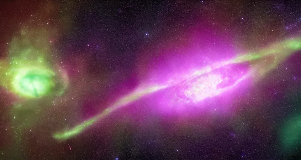 Image similar to screenshot from the new sci - fi film directed by denis villeneuve 4 k. cinema. close orbital of a new alien world nested within an asteroid belt nebula. purple and green lightning aurora upon it's surface.