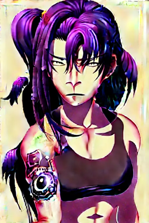 Image similar to a portrait of revy from black lagoon, dilraba dilmurarevy, smirk, black tank top, jean shorts, brown eyes, purple hair, tribal tattoos right arm sleeve, symmetrical eyes, symmetrical face, art by lois van baarle and loish and ross tran and rossdraws and sam yang and artgerm