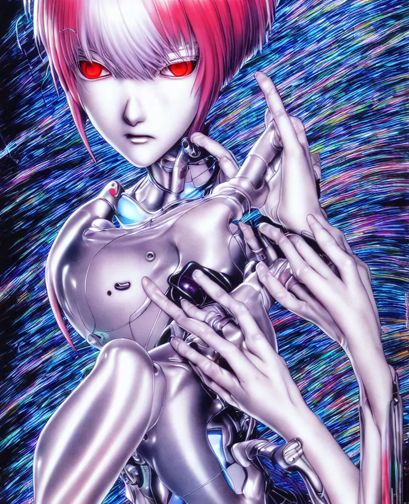 Image similar to realistic detailed image of ultra mega rainbow realistic detailed female character rei ayanami symmetrical depth perception masterpiece depth of field action horror gothic vivid colors art by yoshitaka amano by yukito kishiro by yoshiyuki sadamoto by artgerm by hajime sorayama