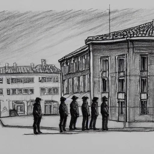 Prompt: the drawing depicts a police station in the lithuanian city of vilnius. in the foreground, a group of policemen are standing in front of the building, while in the background a busy street can be seen. indian by peter sculthorpe dismal