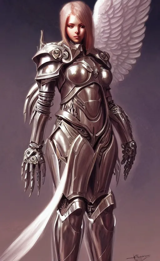 Image similar to Fantasy Concept character art of a angel female in biomechanical knight armor, sci-fi, highly detailed, digital painting, artstation, concept art, smooth, sharp focus, illustration, art by artgerm and greg rutkowski and alphonse mucha