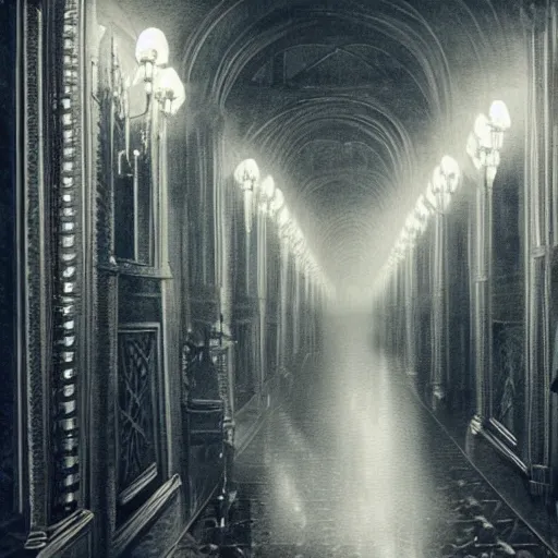 Prompt: a long hallway of mirrors. victorian interior, with many mirrors, elegant design, haunting atmosphere, dark lighting, gothic, horror style, scary, swirling fog, volumetric lighting, by greg rutkowski, realistic, dutch angle,