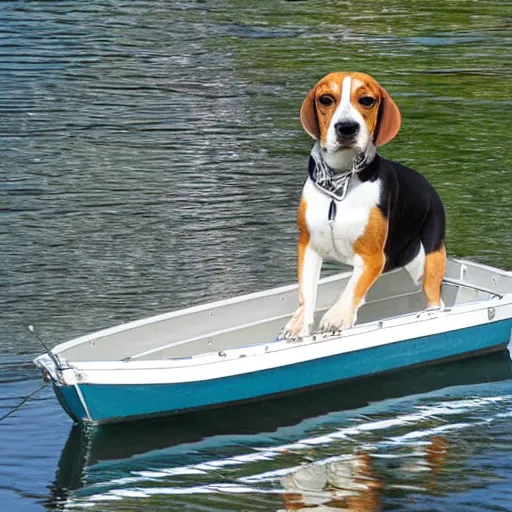 Image similar to a beagle building a boat in a bay